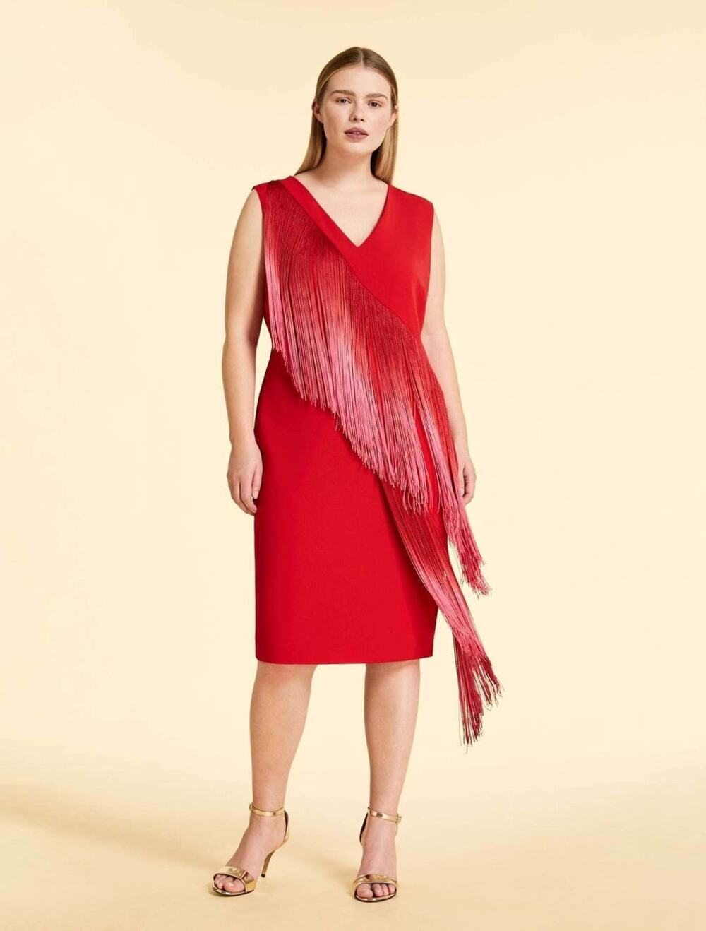 NWT Marina Rinaldi Red Sleeveless V-Neck Dress Cascading Fringe Overlay US 22